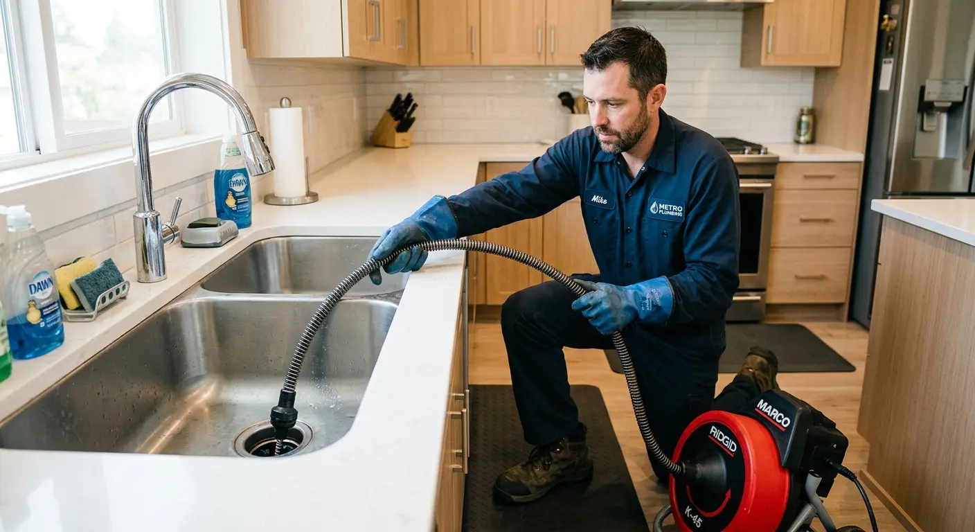 Drain cleaning technician using a motorized snake on a kitchen sink in Newport