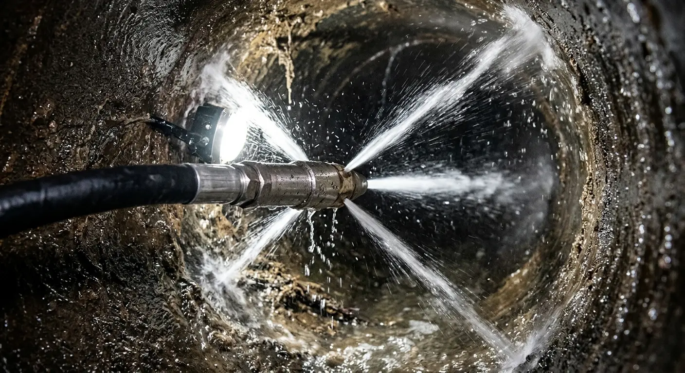 High-pressure hydro jetting nozzle cleaning sewer pipe for Storm Drain Cleaning in Newport