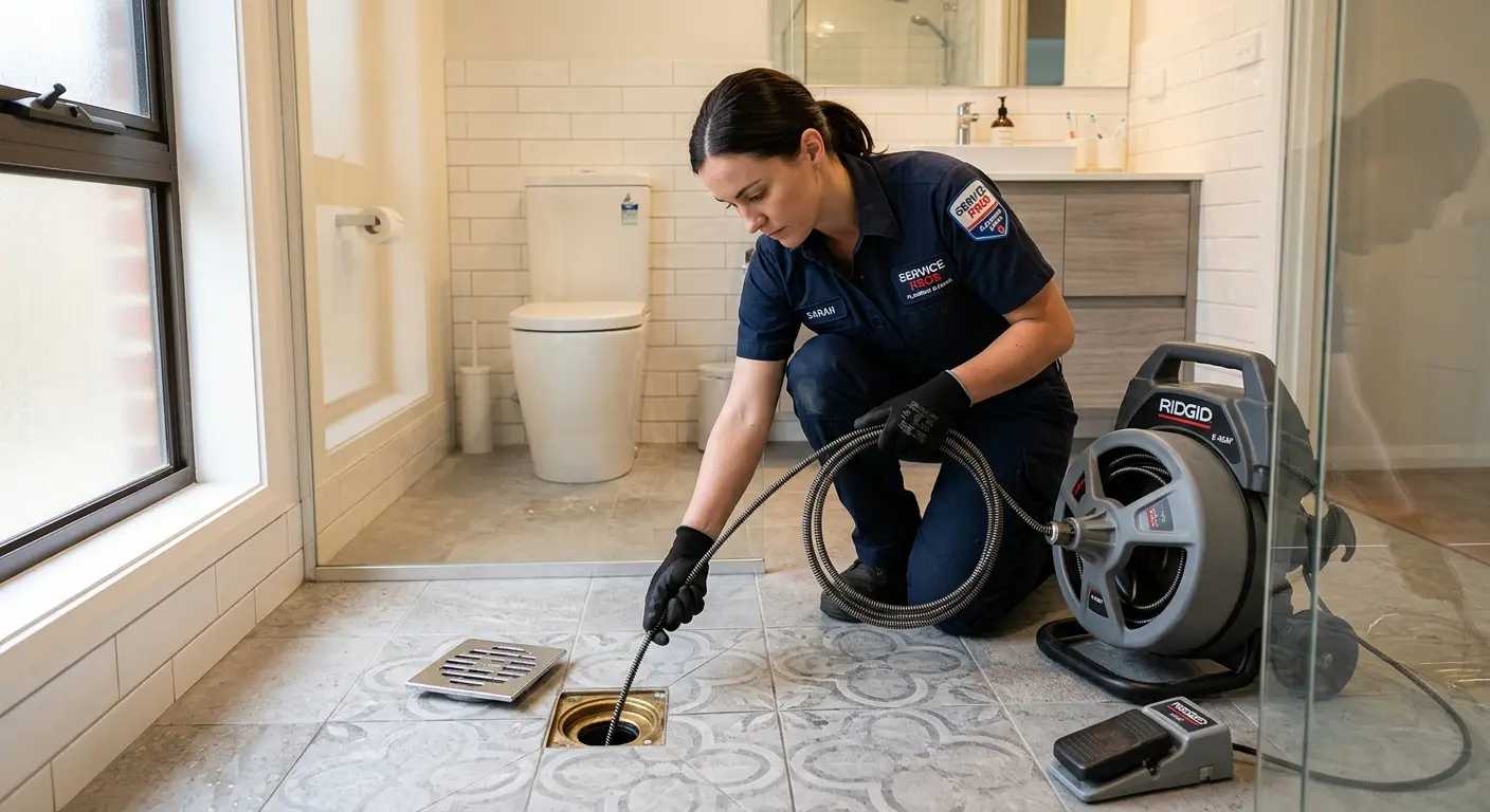 Technician clearing a bathroom floor drain for Sewer Line Installation in Newport